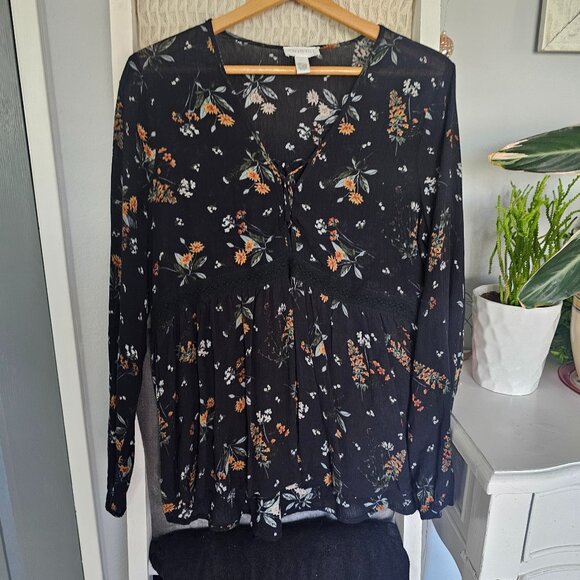 Full Tilt Black Floral Blouse | Long Sleeve Boho Top | Embroidery & Tie Detail - Picture 1 of 5